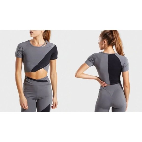 Gymshark Tops - Gymshark asymmetrical colorblock crop top Size Large Gray/Black